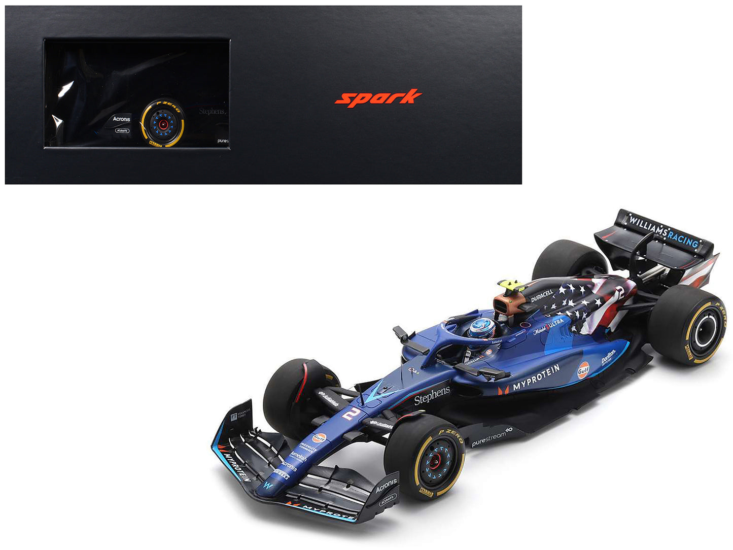Williams FW45 #2 Logan Sargeant "Williams Racing" Formula One F1 "United States GP" (2023) and Acrylic Display Case 1/18 Model Car by Spark