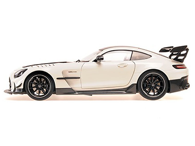 2021 Mercedes-Benz AMG GT Black Series White Metallic with Black Top and Hood Stripes 1/18 Diecast Model Car by Minichamps