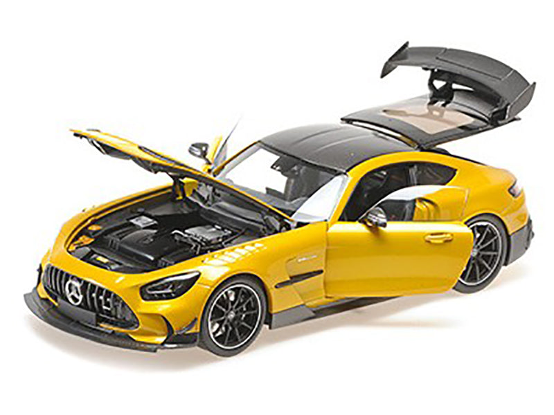 2021 Mercedes-Benz AMG GT Black Series Solarbeam Yellow Metallic with Black Top and Hood Stripes 1/18 Diecast Model Car by Minichamps