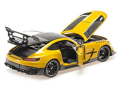 2021 Mercedes-Benz AMG GT Black Series Solarbeam Yellow Metallic with Black Top and Hood Stripes 1/18 Diecast Model Car by Minichamps