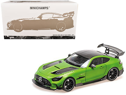 2021 Mercedes-Benz AMG GT Black Series Matt Green Metallic with Black Top and Hood Stripes 1/18 Diecast Model Car by Minichamps