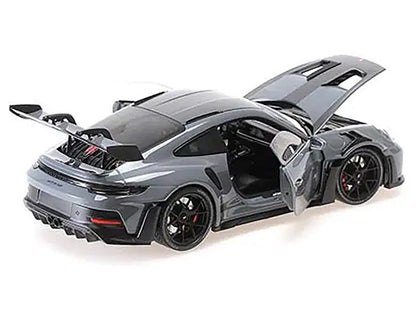 2024 Porsche 911 (992) GT3 RS "Weissach Package" Gray with Carbon Top and Hood Stripes Limited Edition to 200 pieces Worldwide 1/18 Diecast Model Car by Minichamps