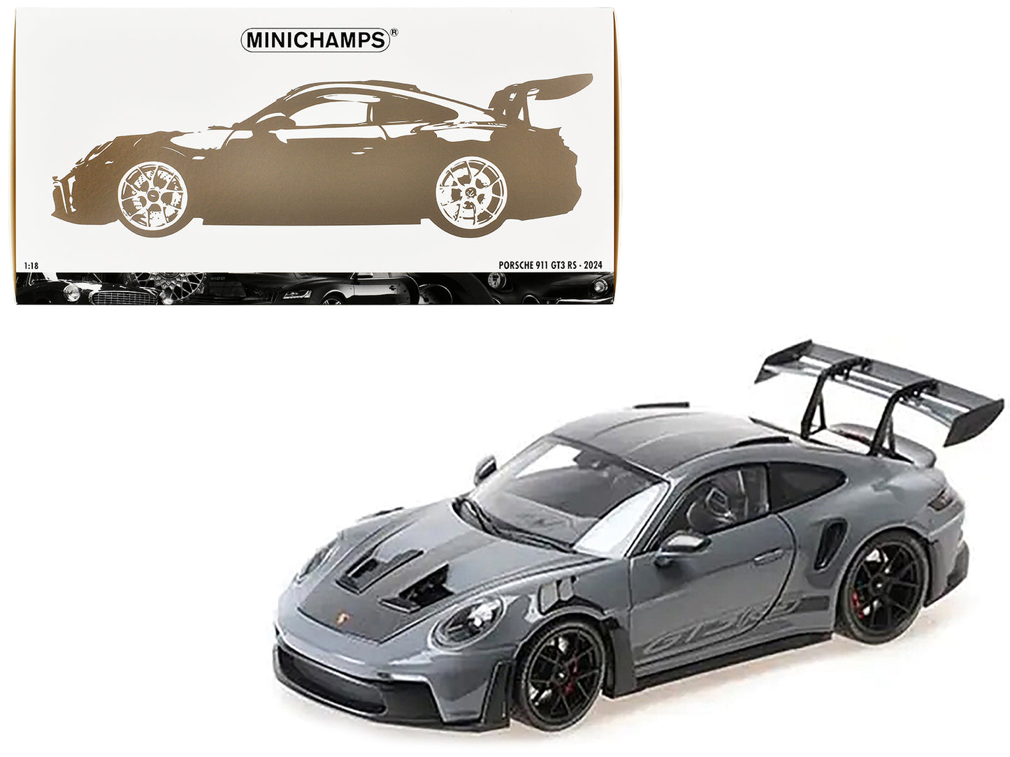 2024 Porsche 911 (992) GT3 RS "Weissach Package" Gray with Carbon Top and Hood Stripes Limited Edition to 200 pieces Worldwide 1/18 Diecast Model Car by Minichamps