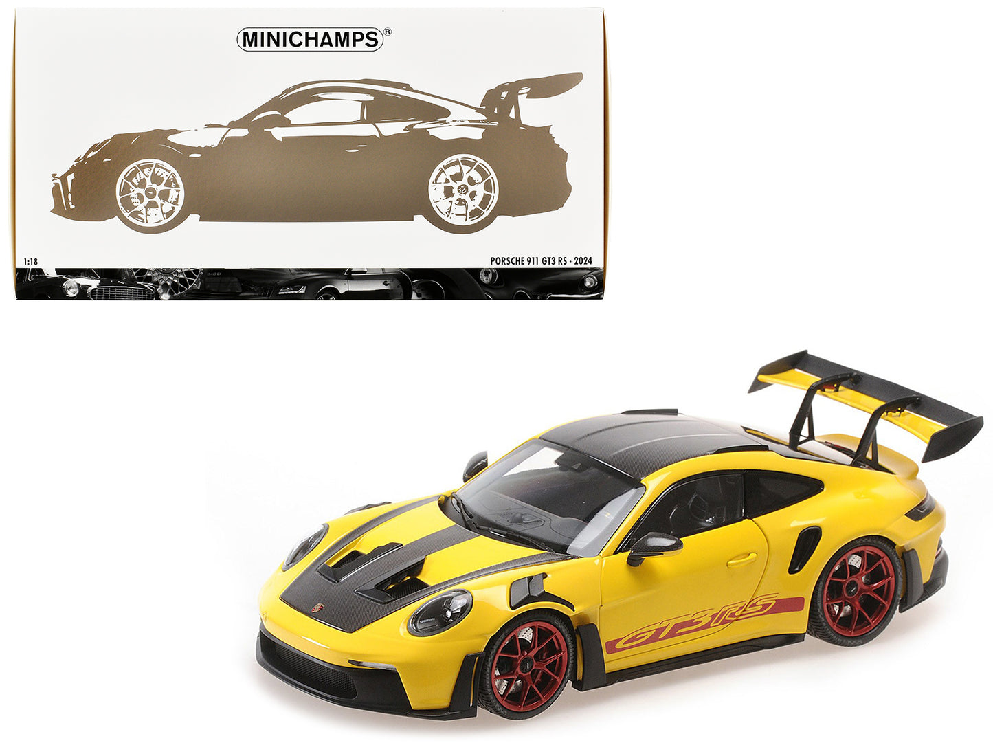 2024 Porsche 911 (992) GT3 RS "Weissach Package" Yellow with Carbon Top and Hood Stripes Limited Edition to 400 pieces Worldwide 1/18 Diecast Model Car by Minichamps