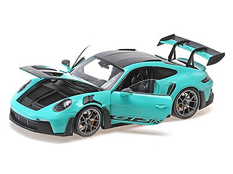 2024 Porsche 911 GT3 RS Green with Carbon Top and Hood Stripes Limited Edition to 400 pieces Worldwide 1/18 Diecast Model Car by Minichamps