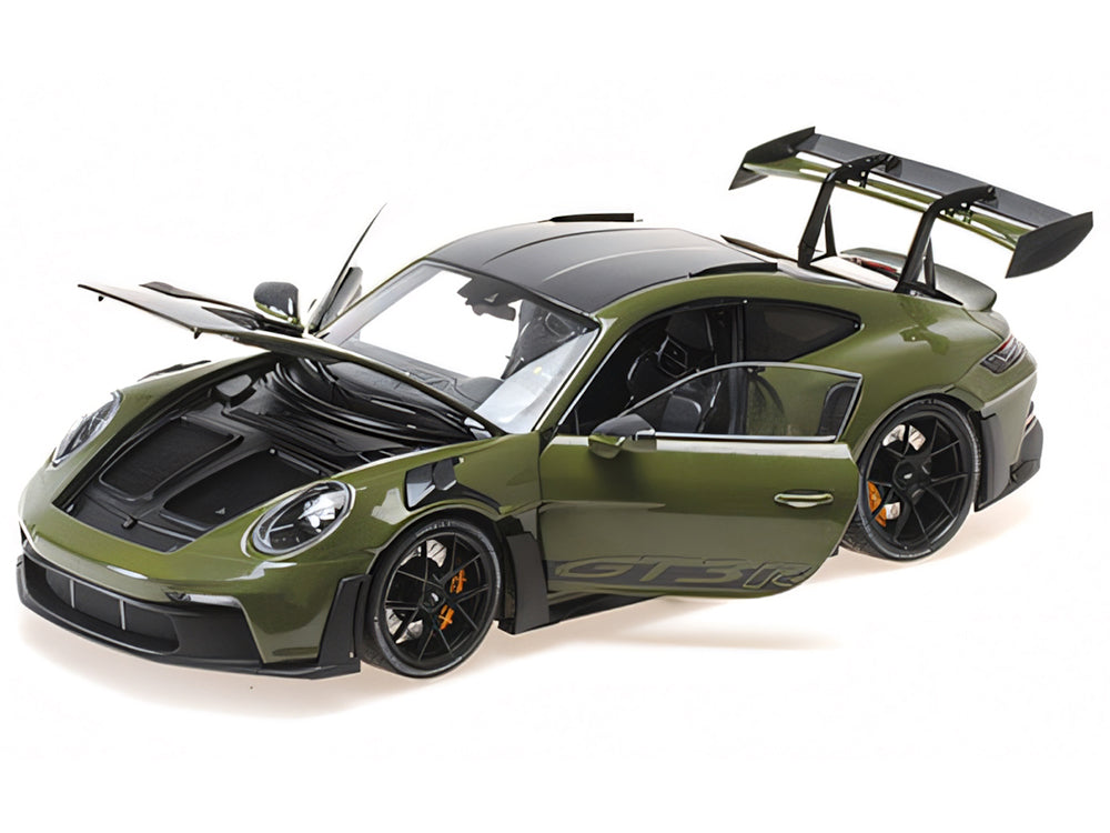 2024 Porsche 911 GT3 RS Nato Olive with Carbon Top and Hood Stripes Limited Edition to 400 pieces Worldwide 1/18 Diecast Model Car by Minichamps