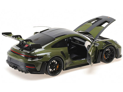 2024 Porsche 911 GT3 RS Nato Olive with Carbon Top and Hood Stripes Limited Edition to 400 pieces Worldwide 1/18 Diecast Model Car by Minichamps