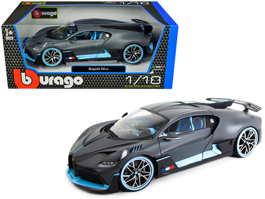 Bugatti Divo Matt Gray with Blue Accents 1/18 Diecast Model Car by Bburago