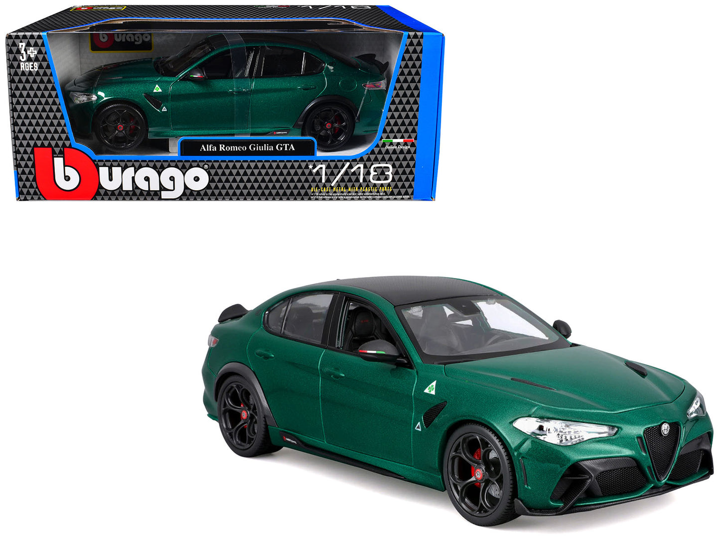 Alfa Romeo Giulia GTA Green Metallic with Carbon Top 1/18 Diecast Model Car by Bburago