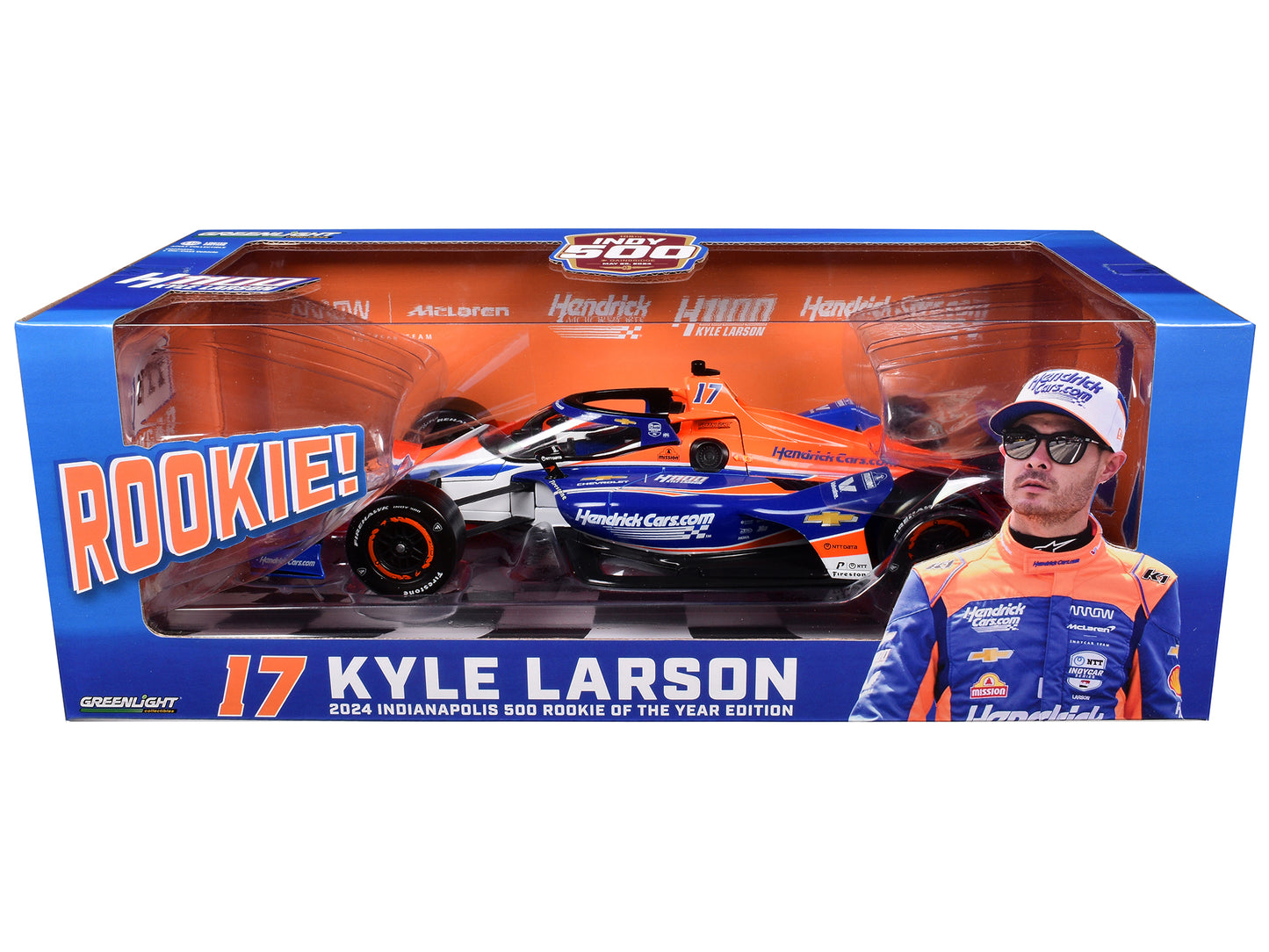 Dallara IndyCar #17 Kyle Larson "HendrickCars.com" Arrow McLaren Rookie of the Year "108th Indianapolis 500 - NTT IndyCar Series" (2024) 1/18 Diecast Model Car by Greenlight