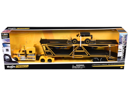 International Lonestar Open Car Hauler Yellow with Black Stripes and 2021 Ford Bronco Badlands Yellow with Black Top "Transporters" Series 1/64 Diecast Models by Maisto