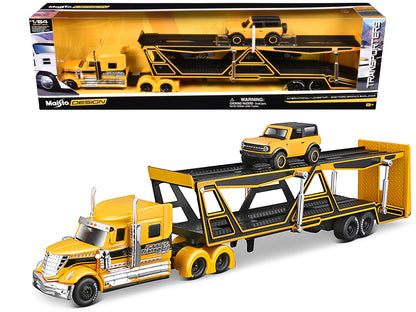 International Lonestar Open Car Hauler Yellow with Black Stripes and 2021 Ford Bronco Badlands Yellow with Black Top "Transporters" Series 1/64 Diecast Models by Maisto