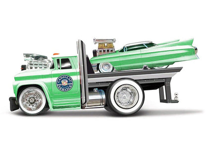 1966 Chevrolet C60 Flatbed Truck Green Metallic with White Top "Cadillac Service" and 1961 Cadillac Coupe Green Metallic with White Top "Muscle Transports" Series 1/64 Diecast Models by Muscle Machines