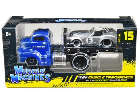 1950 Ford COE Flatbed Truck Blue "Cobra Powered by Ford" and 1964 Shelby Cobra #6 Silver Metallic with Stripes "Muscle Transports" Series 1/64 Diecast Model Cars by Muscle Machines