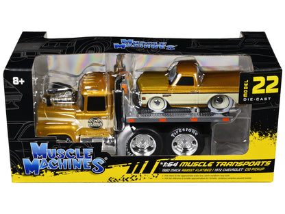 1980 Mack A685ST Flatbed Truck Gold Metallic with Beige Stripes "Madman Garage" and 1972 Chevrolet C10 Pickup Truck Gold Metallic and Beige "Muscle Transports" Series 1/64 Diecast Models by Muscle Machines