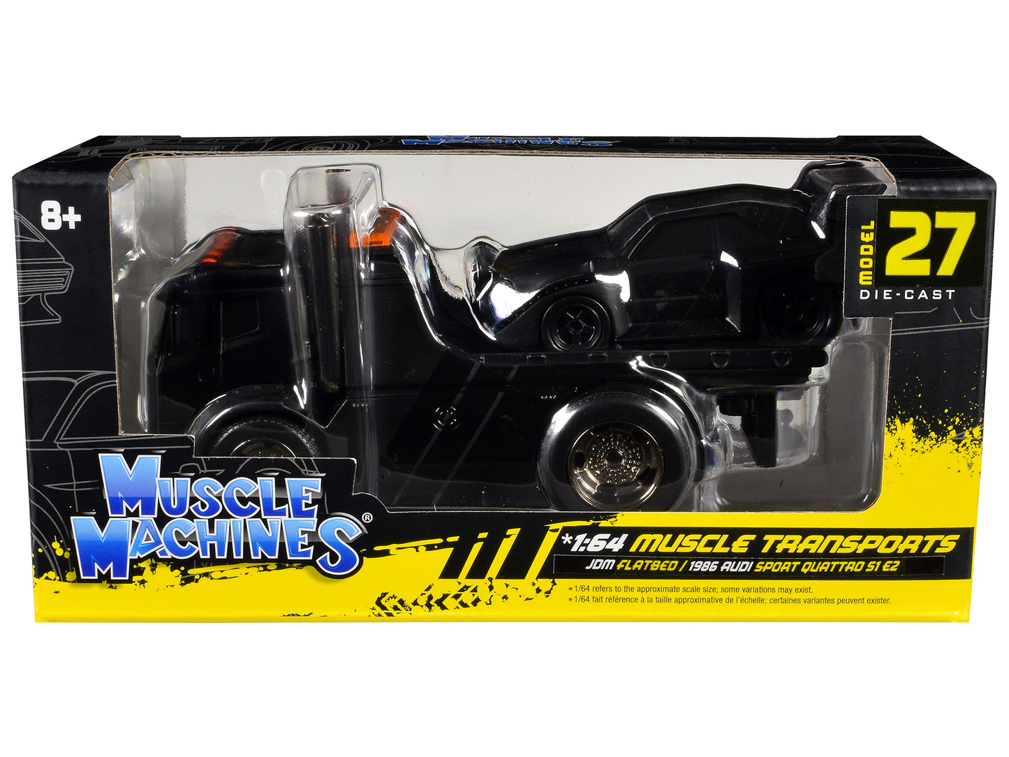 JDM Flatbed Truck Matt Black and 1986 Audi Sport Quattro S1 E2 Matt Black "Muscle Transports" Series 1/64 Diecast Models by Muscle Machines