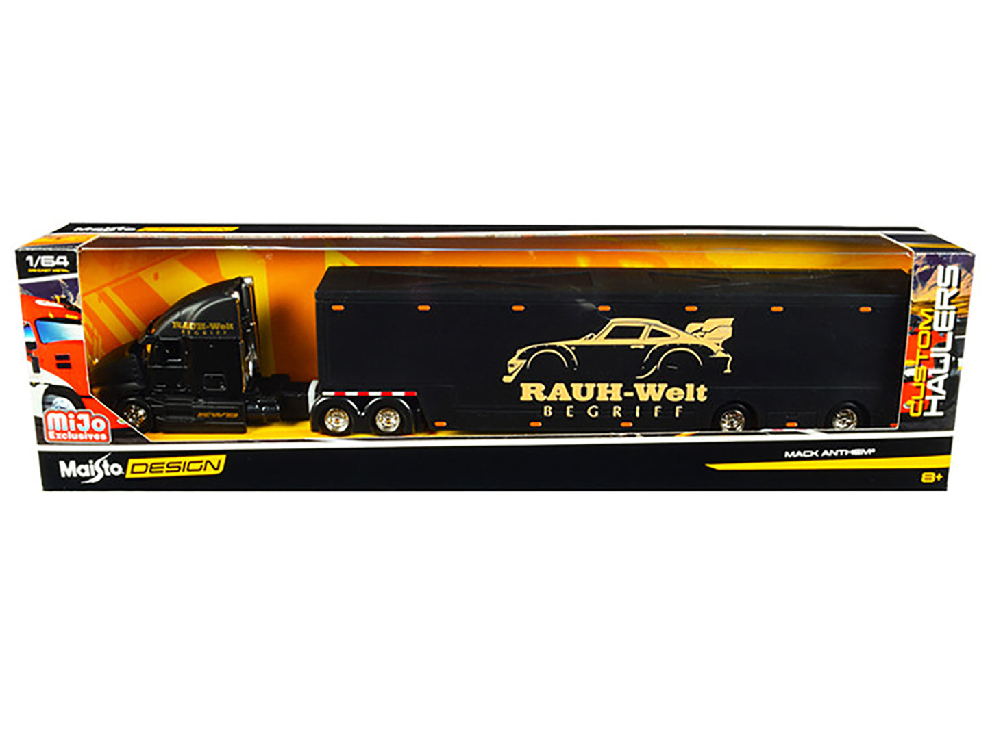 Mack Anthem Enclosed Car Transporter "RAUH-Welt BEGRIFF" (RWB) Matt Black "Custom Haulers" Series 1/64 Diecast Model by Maisto