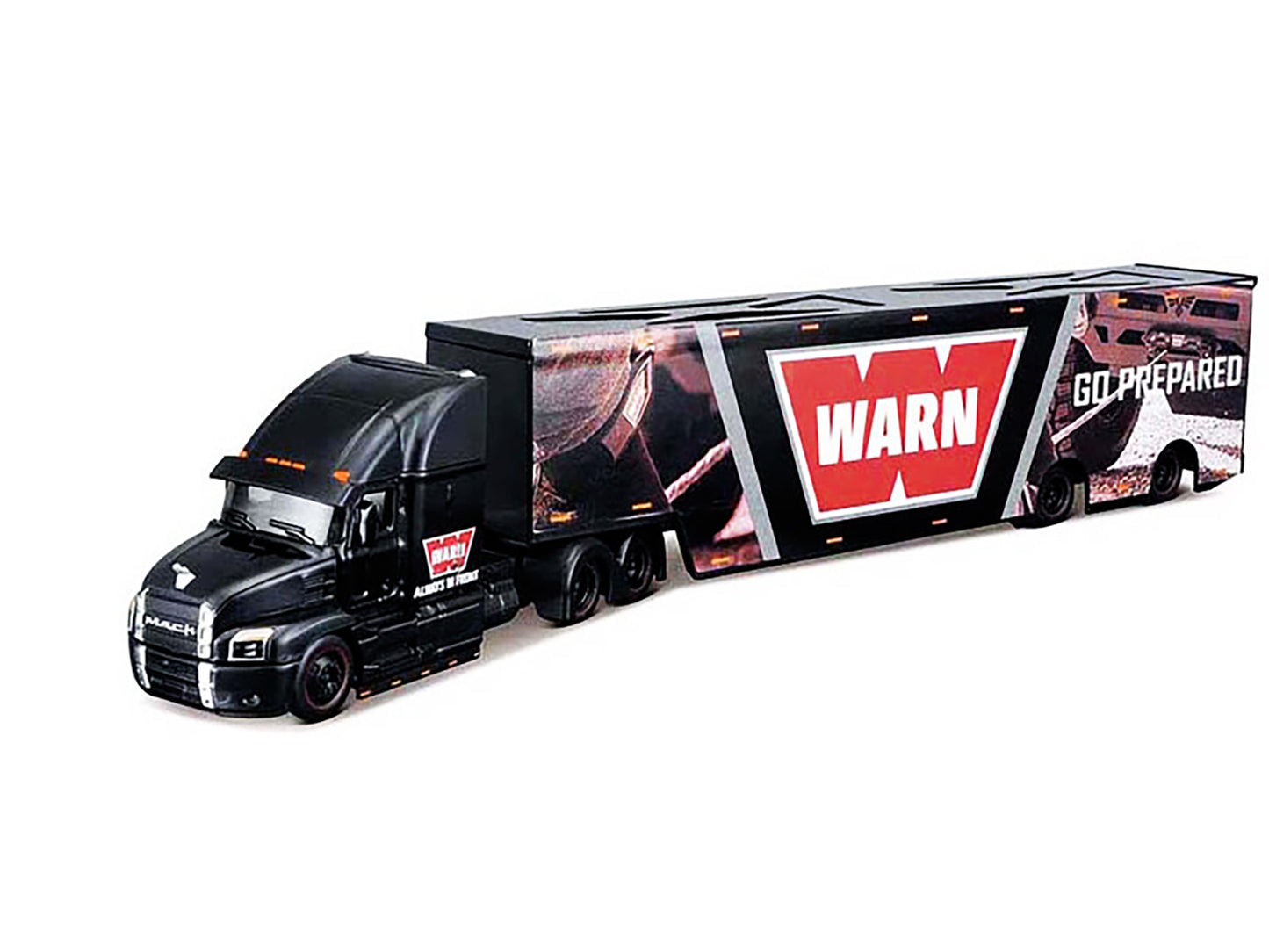 Mack Anthem Enclosed Car Transporter "WARN - Go Prepared" Black with Graphics "Custom Haulers" Series 1/64 Diecast Model by Maisto