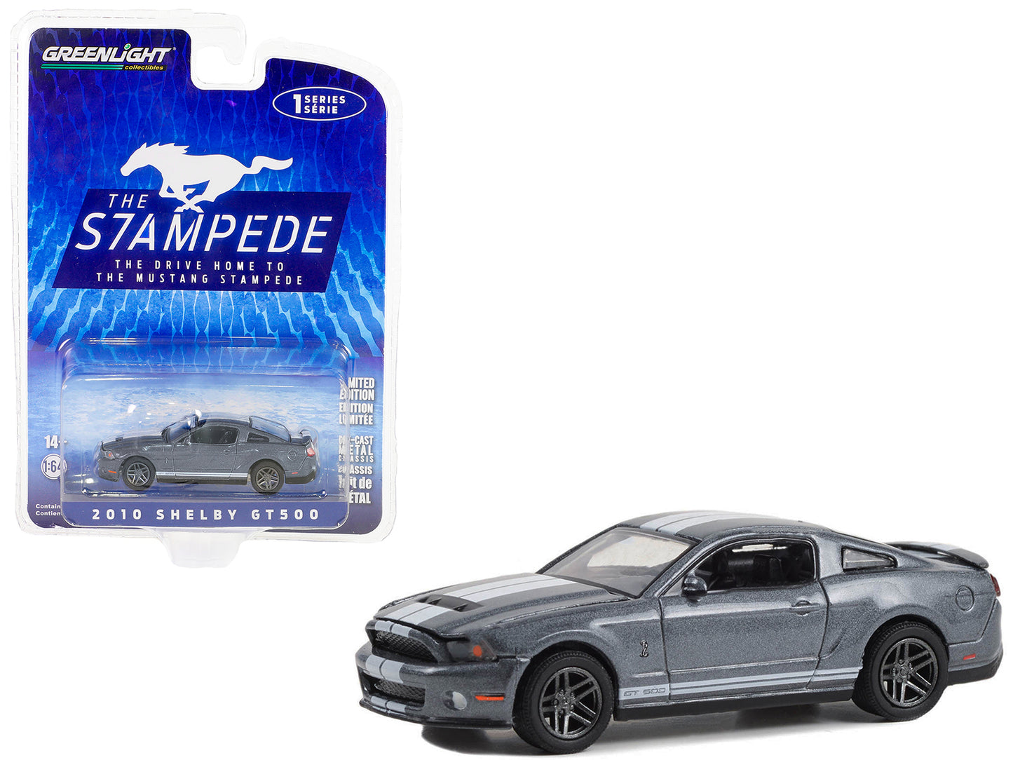 2010 Shelby GT500 Sterling Gray Metallic with White Stripes "The Drive Home to the Mustang Stampede" Series 1 1/64 Diecast Model Car by Greenlight