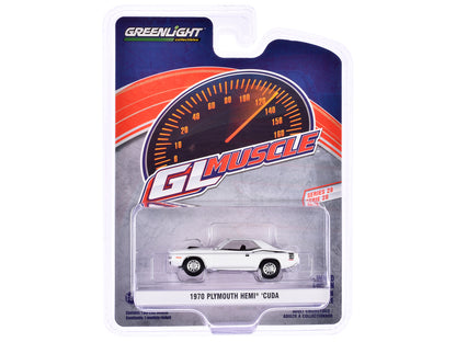 1970 Plymouth Hemi Barracuda Alpine White with Black Stripes "GreenLight Muscle" Series 28 1/64 Diecast Model Car by Greenlight