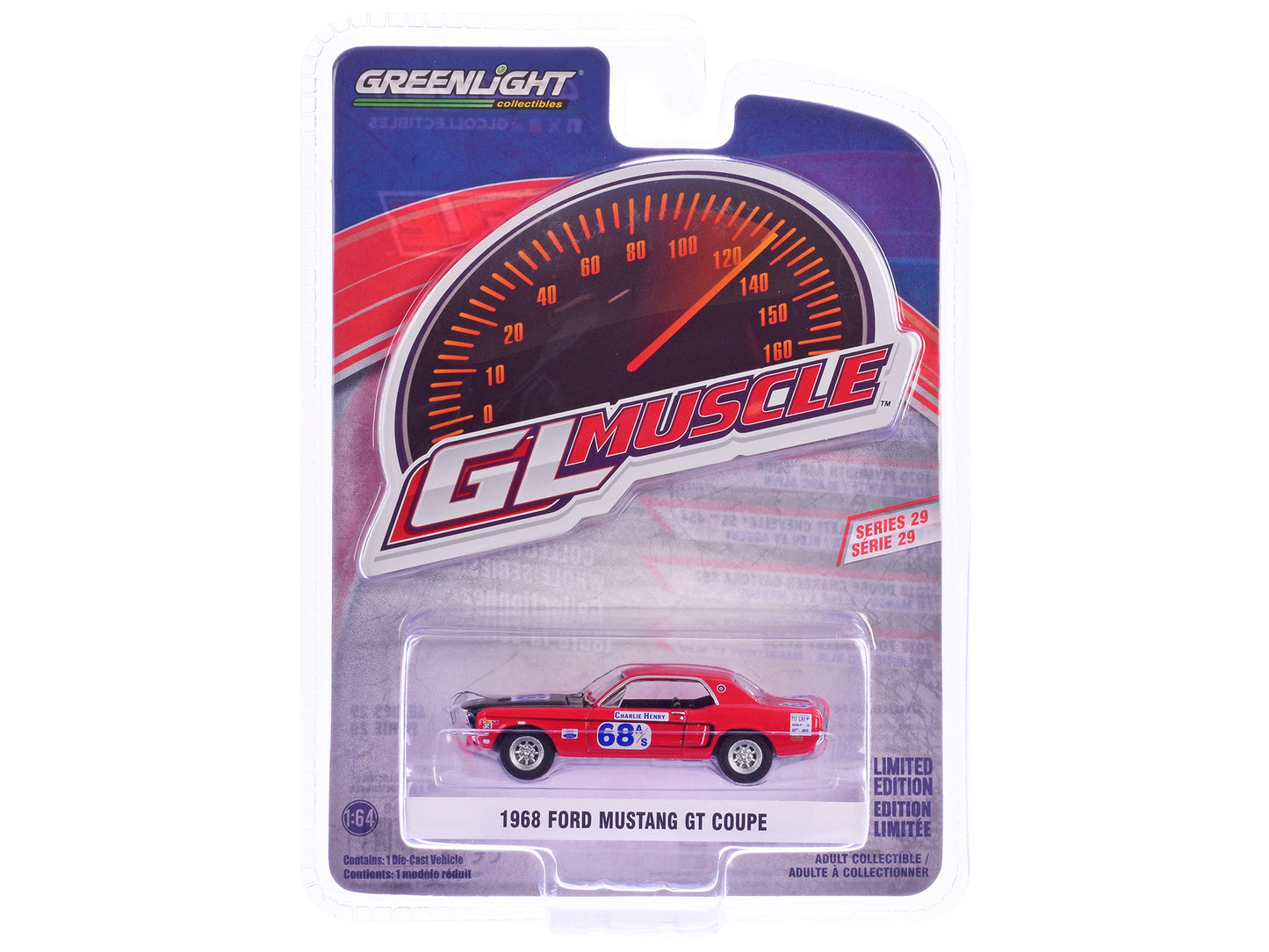 1968 Ford Mustang GT Coupe #68 "Charlie Henry Race Car" Red "GreenLight Muscle" Series 29 1/64 Diecast Model Car by Greenlight