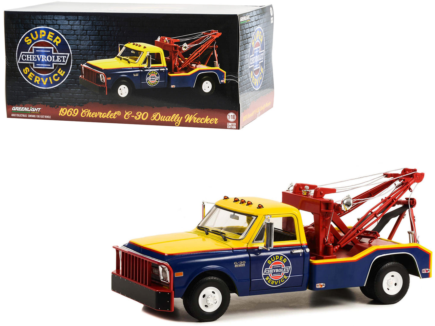 1969 Chevrolet C-30 Dually Wrecker Tow Truck "Chevrolet Super Service" Yellow and Blue 1/18 Diecast Car Model by Greenlight