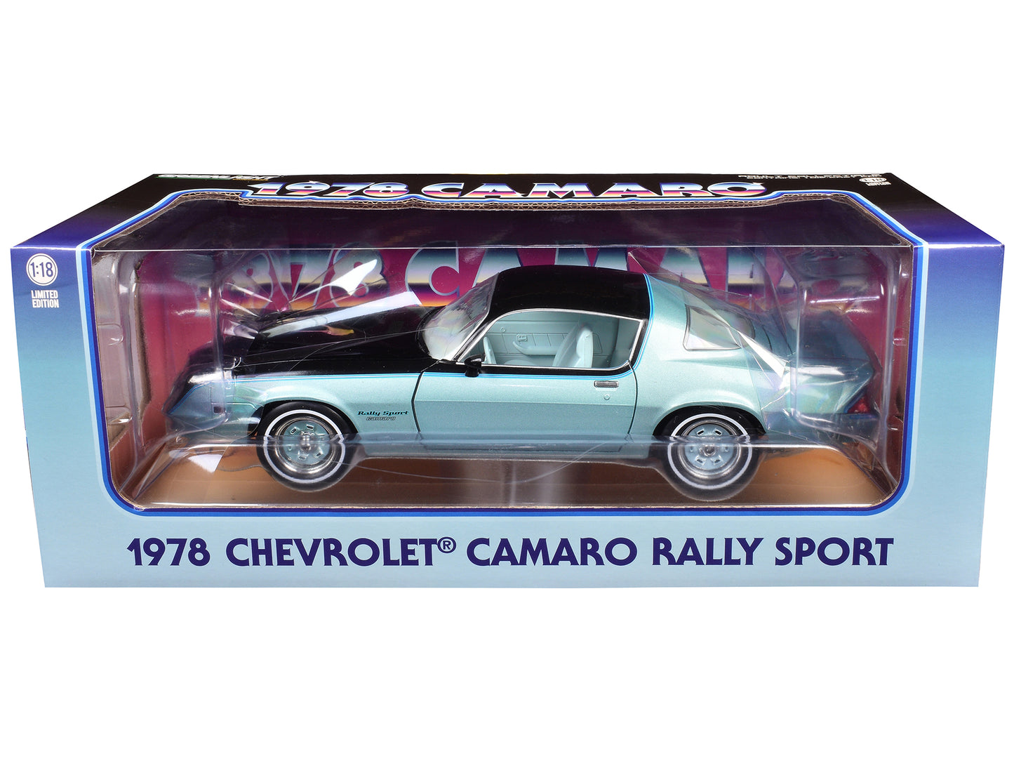 1978 Chevrolet Camaro Rally Sport Light Blue Metallic and Black with Blue Interior 1/18 Diecast Model Car by Greenlight