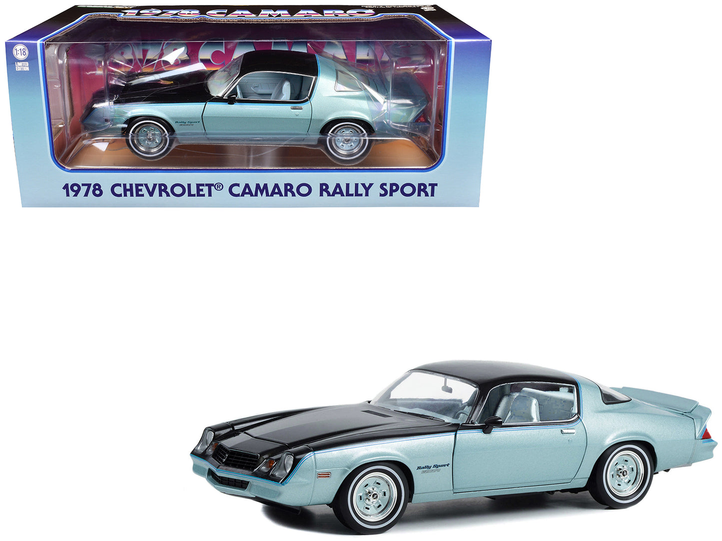 1978 Chevrolet Camaro Rally Sport Light Blue Metallic and Black with Blue Interior 1/18 Diecast Model Car by Greenlight