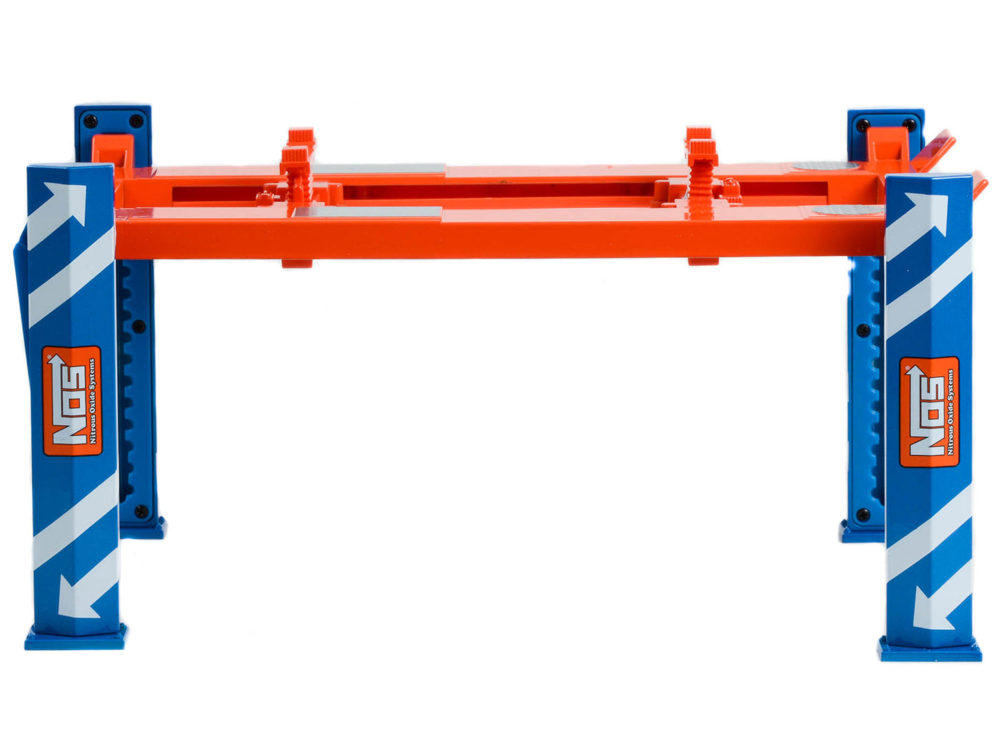 Adjustable Four Post Lift "NOS Nitrous Oxide Systems" Blue and Orange for 1/18 Scale Model Cars by Greenlight