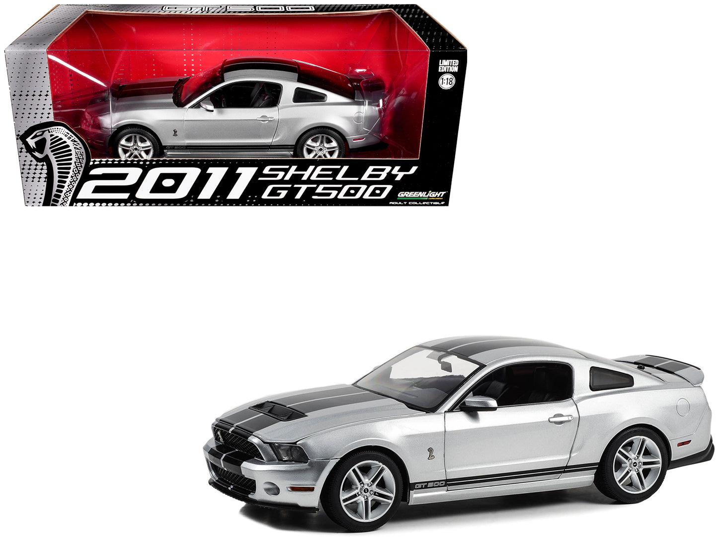 2011 Shelby GT500 Ingot Silver Metallic with Black Stripes 1/18 Diecast Model Car by Greenlight