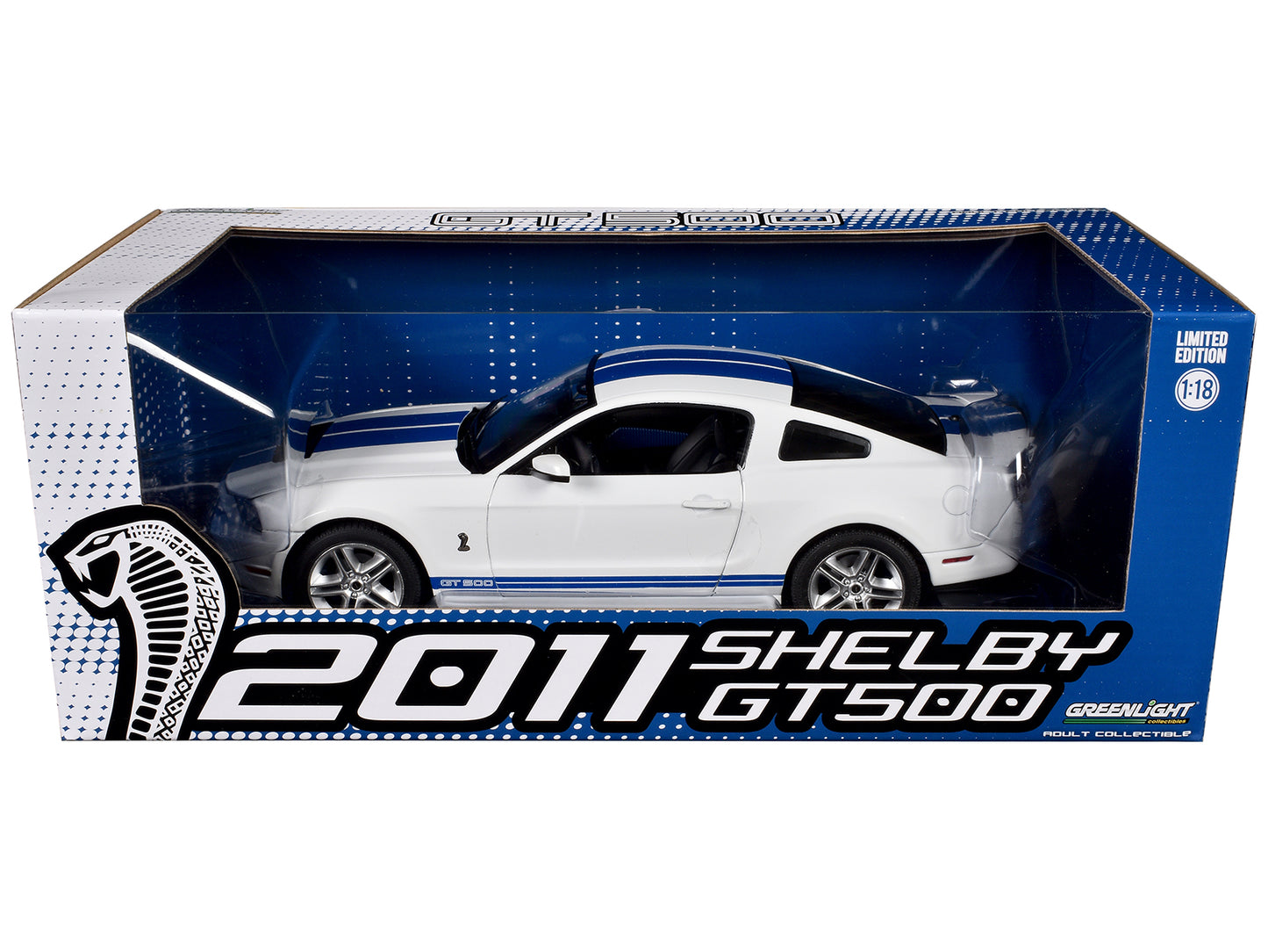 2011 Shelby GT500 Performance White with Grabber Blue Stripes 1/18 Diecast Model Car by Greenlight