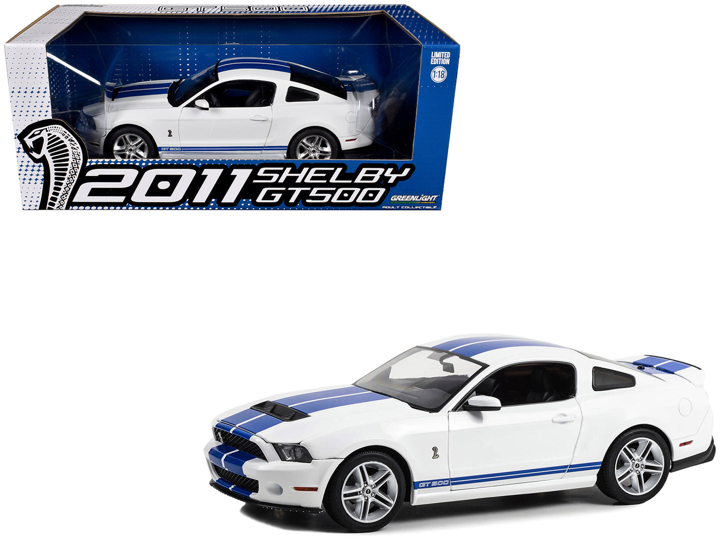 2011 Shelby GT500 Performance White with Grabber Blue Stripes 1/18 Diecast Model Car by Greenlight