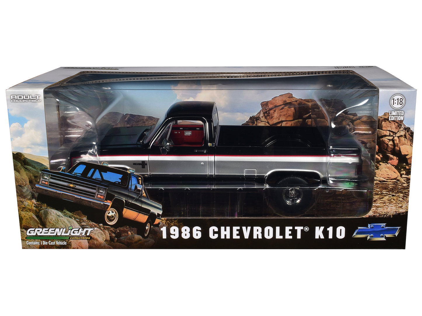 1986 Chevrolet K10 Silverado Pickup Truck Midnight Black and Steel Gray Metallic with Red Interior 1/18 Diecast Model Car by Greenlight