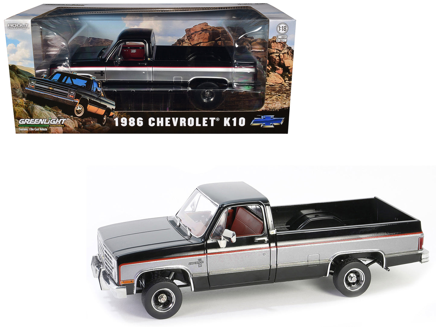 1986 Chevrolet K10 Silverado Pickup Truck Midnight Black and Steel Gray Metallic with Red Interior 1/18 Diecast Model Car by Greenlight