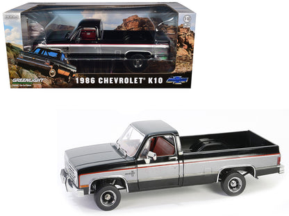 1986 Chevrolet K10 Silverado Pickup Truck Midnight Black and Steel Gray Metallic with Red Interior 1/18 Diecast Model Car by Greenlight