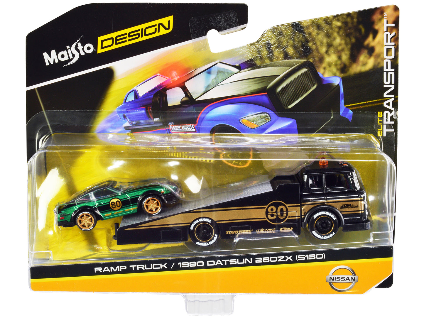 Ramp Truck #80 Dark Gray Metallic with Gold Metallic Stripes "JDM Garage" and 1980 Datsun 280ZX (S130) #80 Green Metallic with Stripes "Elite Transport" Series 1/64 Diecast Models by Maisto