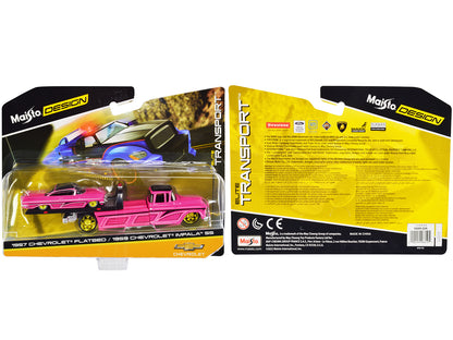 1957 Chevrolet Flatbed Truck and 1959 Chevrolet Impala SS Hot Pink with Black Top and Graphics "Elite Transport" Series 1/64 Diecast Models by Maisto