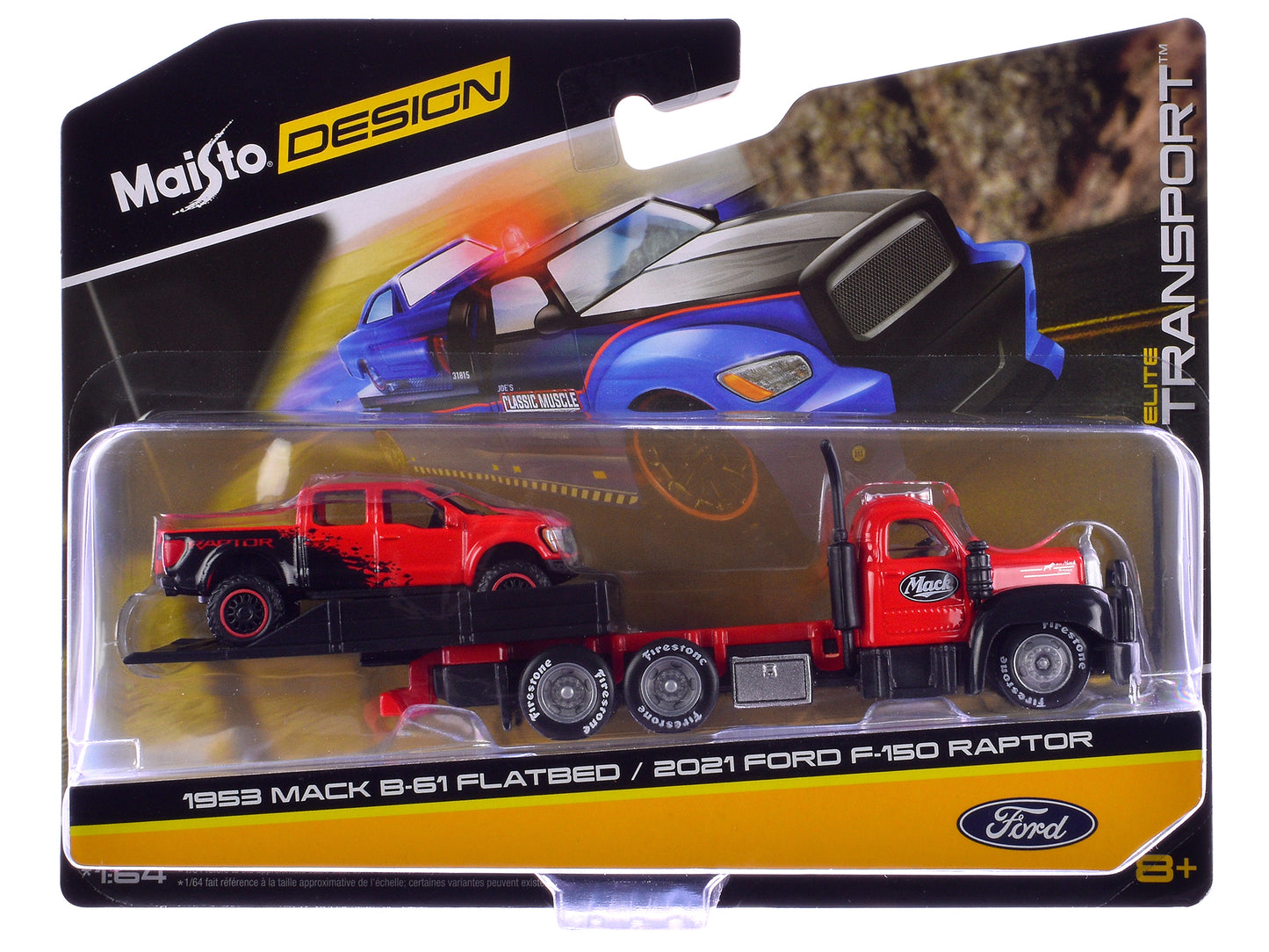 1953 Mack B-61 Flatbed Truck Red with Black and 2021 Ford F-150 Raptor Pickup Truck Red and Black "Elite Transport" Series 1/64 Diecast Models by Maisto