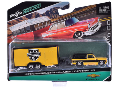 1979 Chevrolet K5 Blazer Yellow with Black Top and Stripes with Enclosed Car Trailer Yellow and Black "Center Line" "Tow & Go" Series 1/64 Diecast Model Car by Maisto