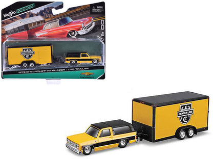 1979 Chevrolet K5 Blazer Yellow with Black Top and Stripes with Enclosed Car Trailer Yellow and Black "Center Line" "Tow & Go" Series 1/64 Diecast Model Car by Maisto