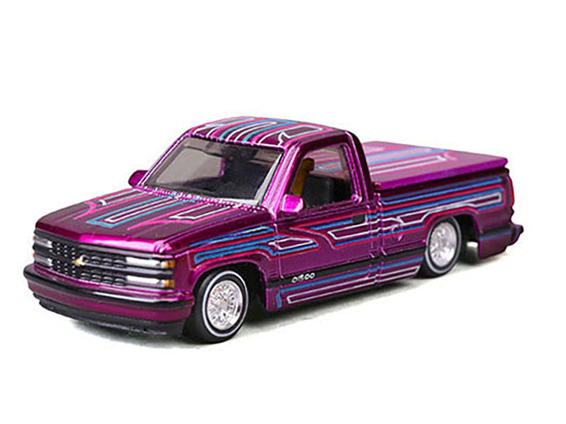 1993 Chevrolet 454 SS Pickup Truck "Lowriders" Purple Metallic with Graphics "Maisto Design" Series 1/64 Diecast Model Car by Maisto