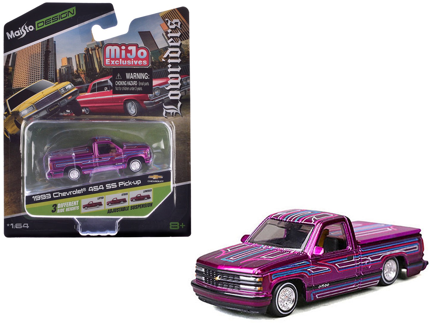 1993 Chevrolet 454 SS Pickup Truck "Lowriders" Purple Metallic with Graphics "Maisto Design" Series 1/64 Diecast Model Car by Maisto