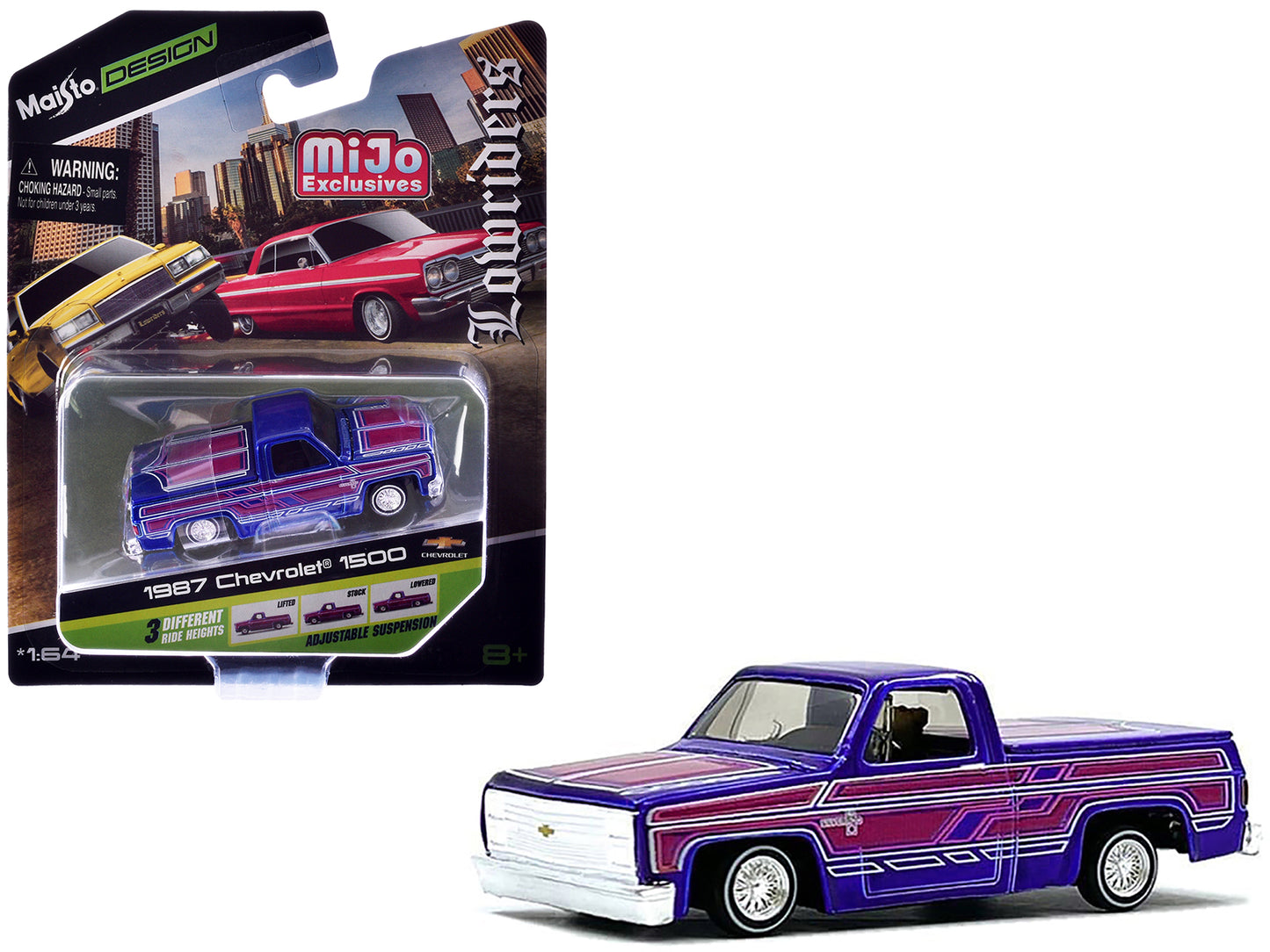 1987 Chevrolet 1500 Pickup Truck Blue Metallic with Graphics "Lowriders" "Maisto Design" Series 1/64 Diecast Model Car by Maisto