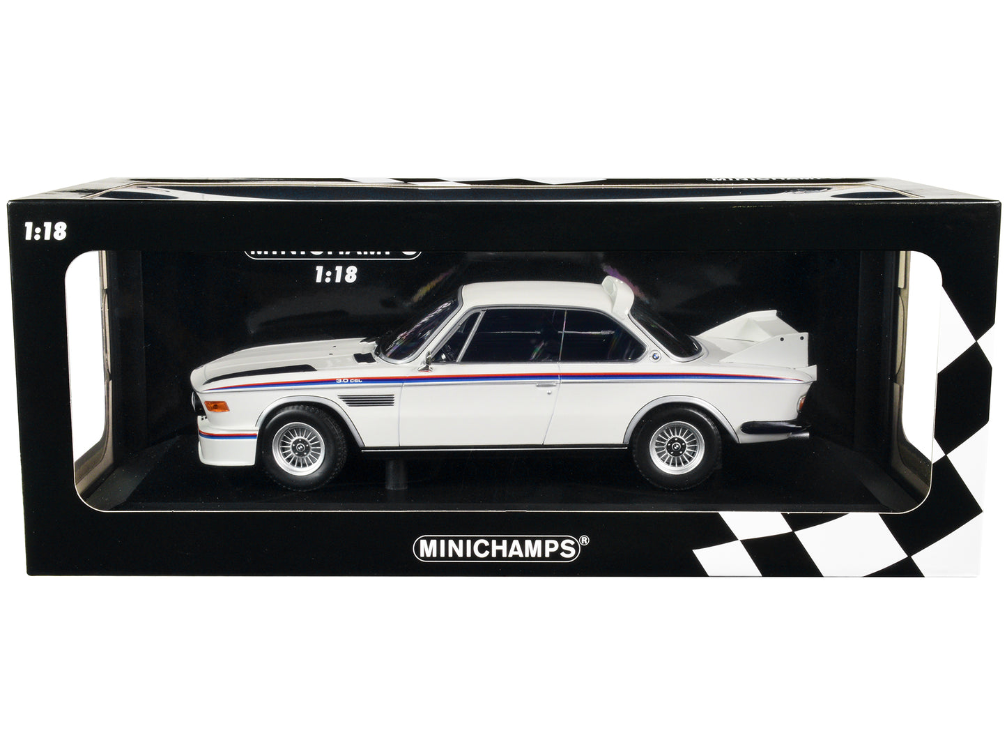 1973 BMW 3.0 CSL White with Red and Blue Stripes Limited Edition to 600 pieces Worldwide 1/18 Diecast Model Car by Minichamps