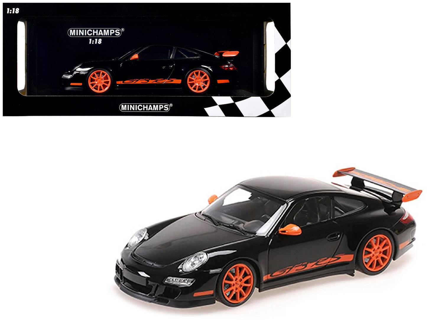 2007 Porsche 911 GT3 RS Black with Orange Stripes 1/18 Diecast Model Car by Minichamps