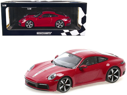 2019 Porsche 911 Carrera 4S Carmine Red with Silver Stripe Limited Edition to 600 pieces Worldwide 1/18 Diecast Model Car by Minichamps