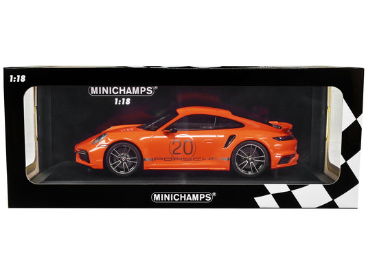 2021 Porsche 911 Turbo S with SportDesign Package #20 Orange with Silver Stripes Limited Edition to 504 pieces Worldwide 1/18 Diecast Model Car by Minichamps