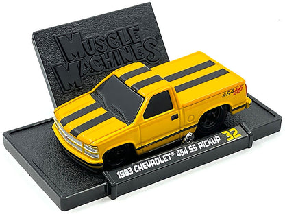 1993 Chevrolet 454 SS Pickup Truck Yellow with Black Stripes 1/64 Diecast Model Car by Muscle Machines