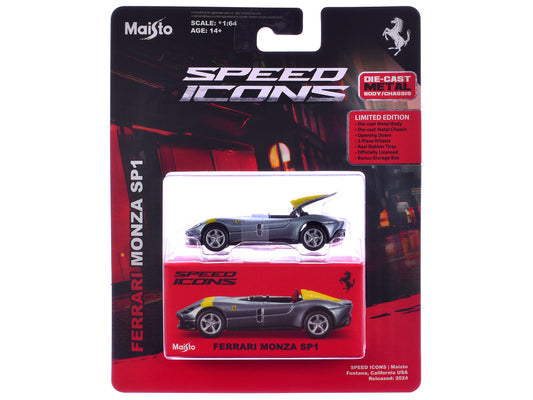 Ferrari Monza SP1 Silver Metallic with Yellow Stripes "Speed Icons" Series 1/64 Diecast Model Car by Maisto