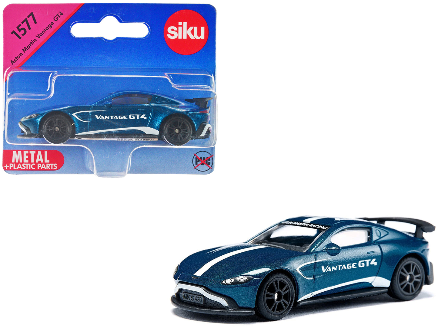 Aston Martin Vantage GT4 Blue Metallic with White Stripes Diecast Model Car by Siku